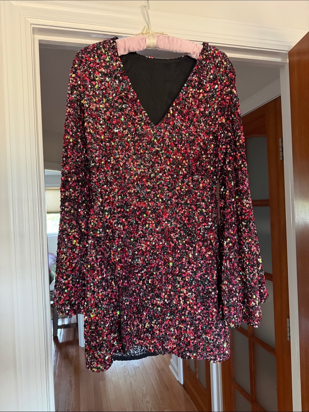 Retrofete Multicolor Sequin Mini Dress - Black Base with Pink & Red Accents